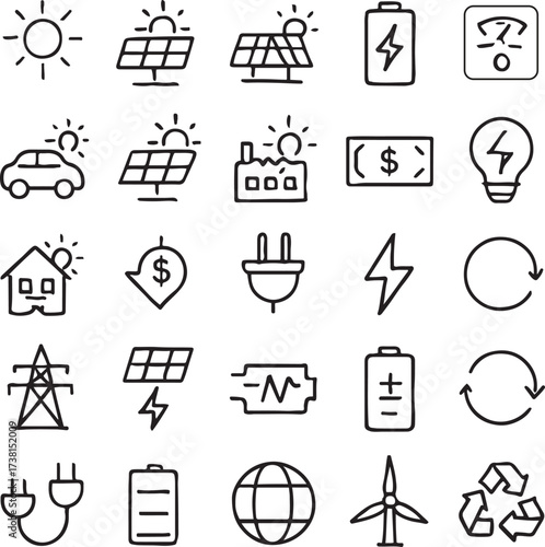 Solar Energy Line Icons Vector Set Renewable Power and Eco-Friendly Symbols
