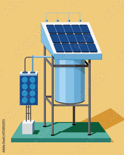 A largescale solar water filtration unit with the capacity to purify hundreds of gallons of water every day making it ideal for disaster relief efforts.. Vector illustration