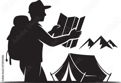 Silhouette of a hiker with backpack and map in front of a tent and mountains camping