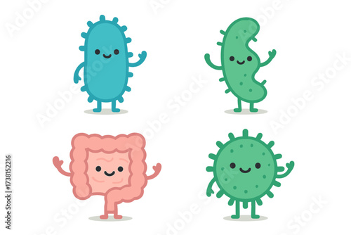 Cute good bacteria and intestine characters. Gut microflora, probiotics, and friendly microbes. Healthy digestion and human microbiome concept. Vector flat illustration icon set.
