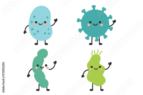 Friendly probiotic bacteria and virus characters for gut health. Cute smiling microflora mascot set. Healthy intestine microbiome concept. Vector cartoon illustration icon design.