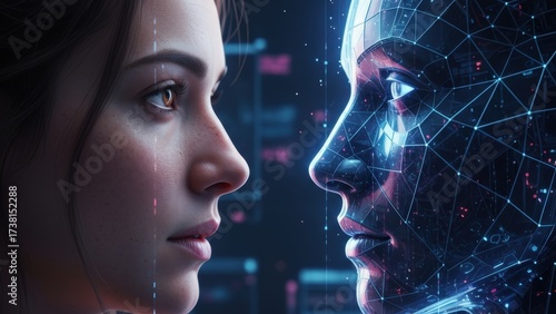 Woman Face with Digital Network Overlay AI Concept