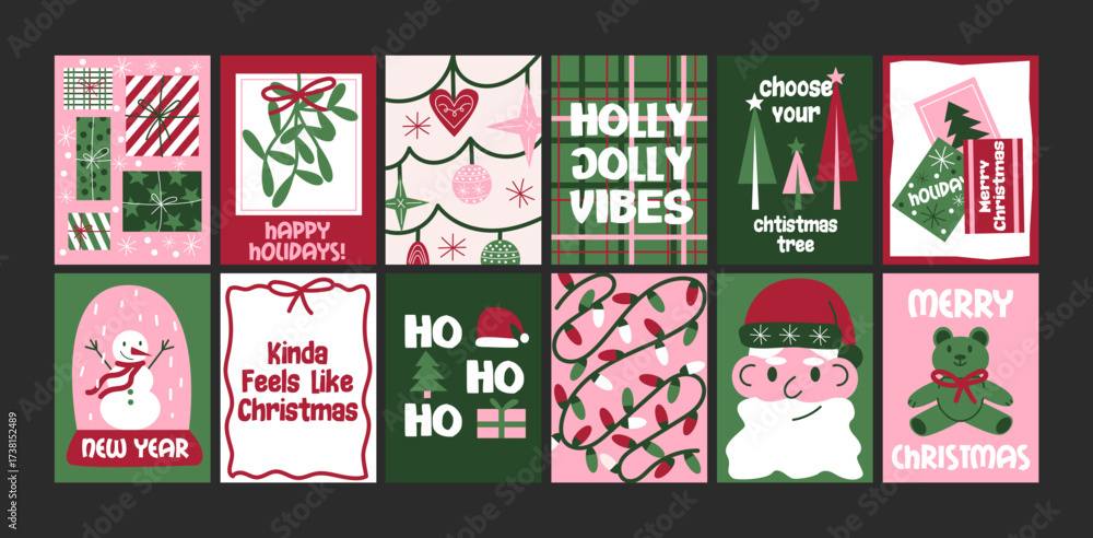 Naklejka premium Christmas new year posters in cartoon style. Holiday gifts, santa, christmas tree, coziness. Holiday seasonal vector postcards in retro groovy style. picture for wall and for printing 