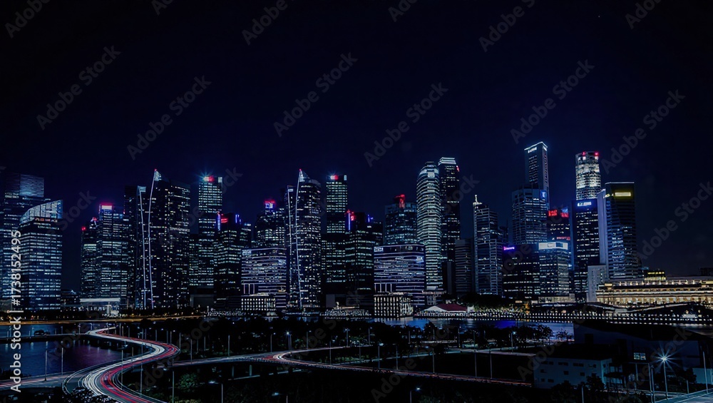Fototapeta premium Singapores Dazzling Skyline at Night - A Modern Metropolis.