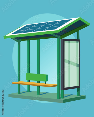An elegant and modern bus shelter with solar panels p on the roof in a wavelike pattern adding a touch of sophistication while also providing green energy.. Vector illustration