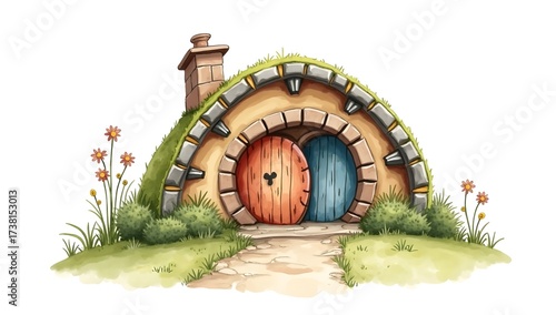 Whimsical AI illustration of hobbit-style round door cottage with grass-covered roof and magical fairytale countryside charm
