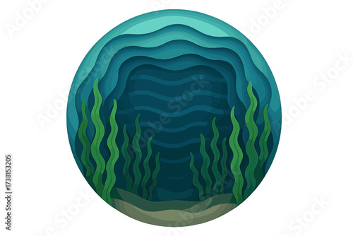Underwater sea cave in paper cut style. Ocean bottom with algae, waves. Deep blue marine life, diving concept. Round 3D papercraft template with green seaweed. Abstract art.