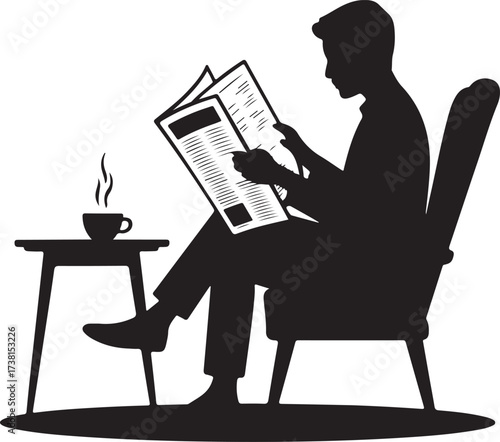 Silhouette of a man sitting in a chair reading a newspaper with a cup of coffee on a side table vector