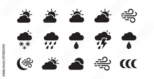 Collection of diverse weather forecast icons depicting sun, clouds, rain, snow, lightning, and wind.