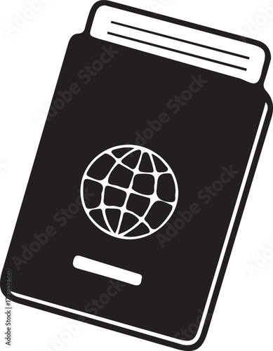Black and white icon of a passport with a globe symbol and a blank space for text Keywords: passport, travel, document, identification, international, globe, world, visa, entry, exit, border