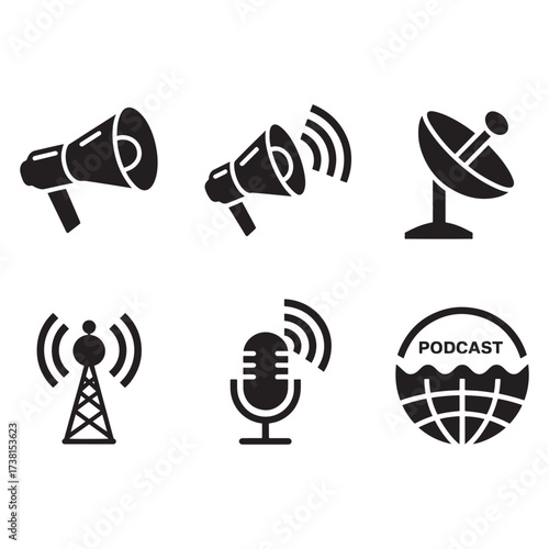 Icons representing communication, broadcasting, and podcasting