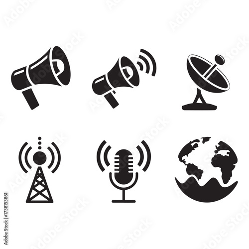 Collection of communication and broadcasting icons including megaphone, satellite dish, radio tower, microphone, and globe.