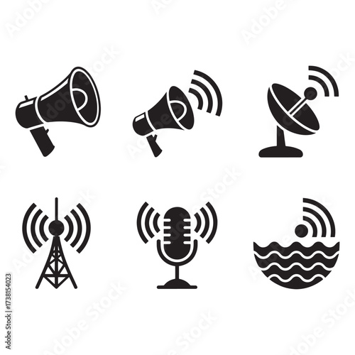 Collection of communication and broadcasting icons including megaphones, satellite dish, antenna, and microphone