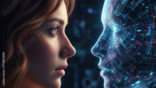 Woman observing digital human head in dark tech setting