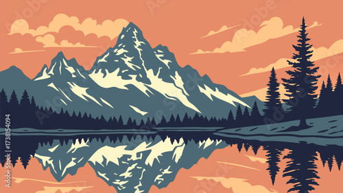 Stunning mountain range reflecting in pristine lake, an escape to nature's beauty, perfect for adventure and travel, originally scalable vector graphics