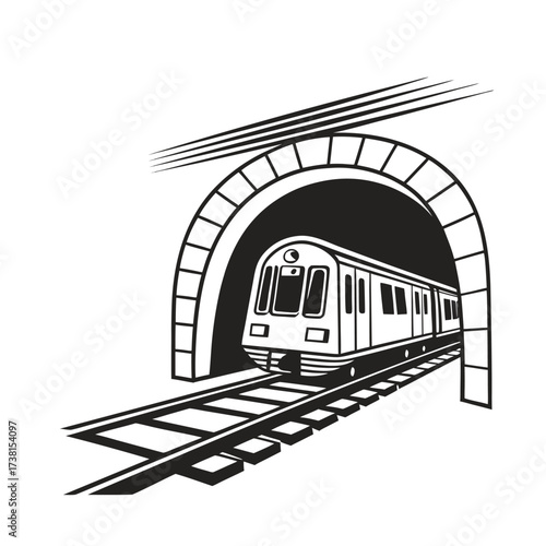 Black and white silhouette icon of a subway train emerging from an arched tunnel on a white background