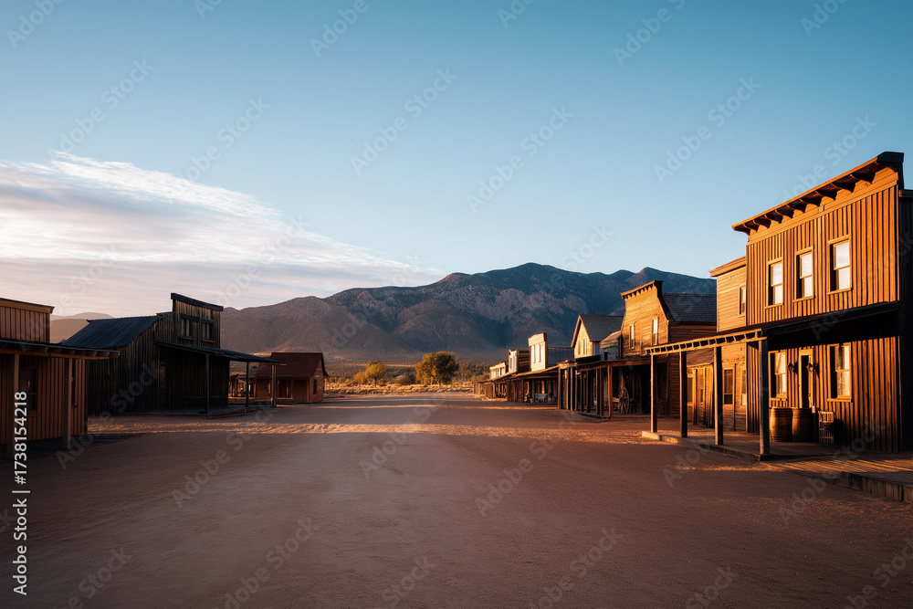 Fototapeta premium Quiet morning in an old western town under bright blue sky
