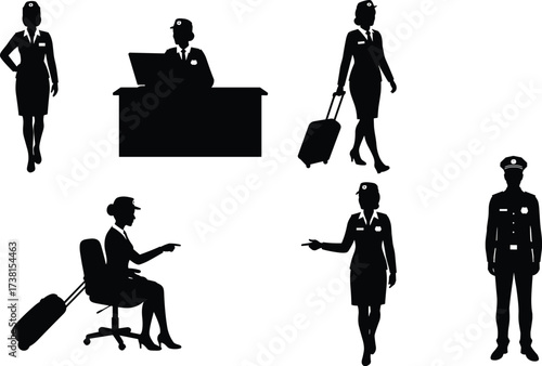 Airport staff silhouettes, airline personnel vector, black graphic clipart, uniformed roles, travel service poses, pilot and check-in illustration