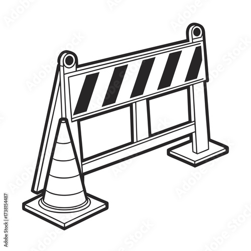 Construction traffic barrier and safety cone icon. Black and white line art vector illustration of a road work barricade isolated on a white background