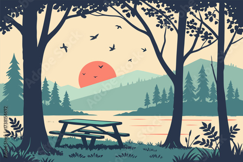 Enchanting lakeside picnic at sunset evokes peaceful outdoor lifestyle, perfect for nature lovers and serene summer getaways, originally a vector design