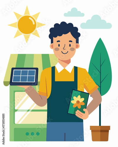A small business owner proudly displays a plaque in their shop indicating their participation in a nearby community solar garden and their commitment to a sustainable future.. Vector illustration