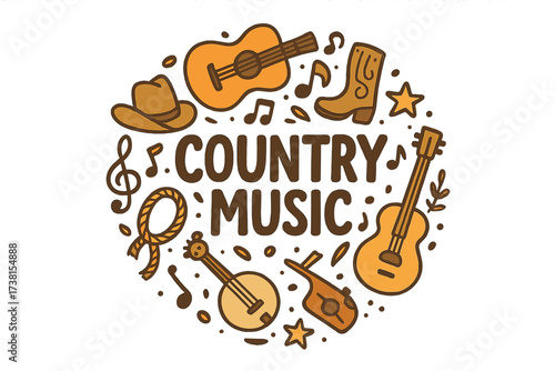 Country music vector illustration. Round concept with lettering, guitar, banjo, boot, and cowboy hat. Western festival circle print with musical symbols. Doodle cartoon design.