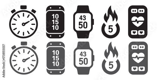 Collection of digital icons representing fitness tracking and timekeeping for sports and health.