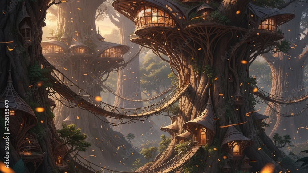 Fototapeta premium Enchanted treehouse village in magical forest