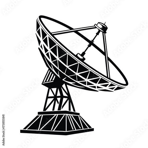 Isolated black silhouette icon of a large satellite dish antenna for communication, representing technology and data transmission on a white background