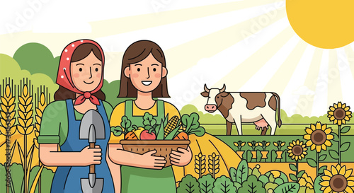 Smiling farmers harvesting fresh vegetables with cow in vibrant sunny field