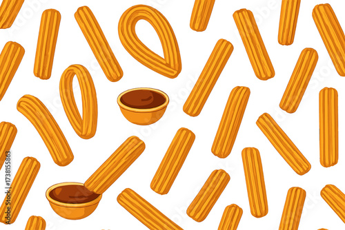 Seamless churros pattern, Mexican and Spanish traditional pastry dessert, repeating churros with chocolate dip on white background, classic Latin American fried dough snack, endless festive confection