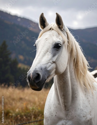 White horse portrait in autumnal landscape