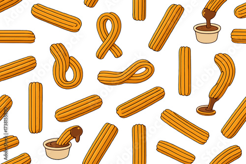 Seamless pattern of Latin American churros with chocolate sauce. Traditional Mexican and Spanish dessert. Strewn pastries in various shapes. Sweets background for bakery, festive, culinary design.