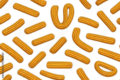 Seamless pattern with Latin American churros, traditional Mexican and Spanish dessert, golden fried pastry, sweet snack, churro sticks background, endless repeat, tasty street food