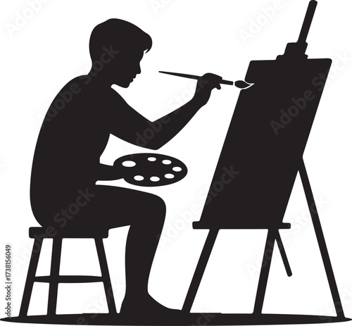 Silhouette of an artist painting on a canvas with a palette and brush painter person