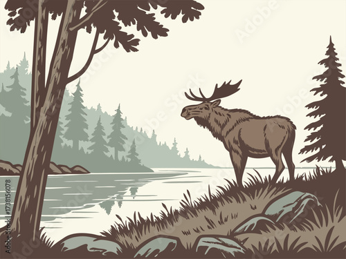 Explore the Wild With This Beautiful Moose Illustration, Perfect for Nature Lovers, Wildlife Enthusiasts, and Outdoor Adventure Seekers in a Forest Setting