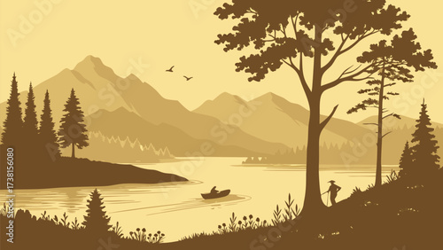 Peaceful mountain lake scenic view with silhouette of man fishing and hiking, perfect for travel, vacation, or outdoor adventure marketing campaigns