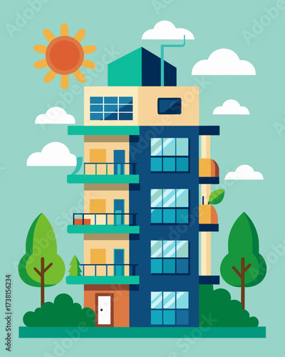 A multistory apartment building with smart home units that share a communal solar energy system promoting a sustainable and costeffective living solution.. Vector illustration