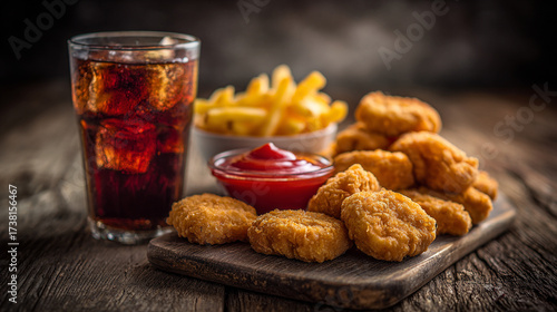 A close up of chicken nuggets fries and a drink on a wooden board ready to be eaten for lunch
