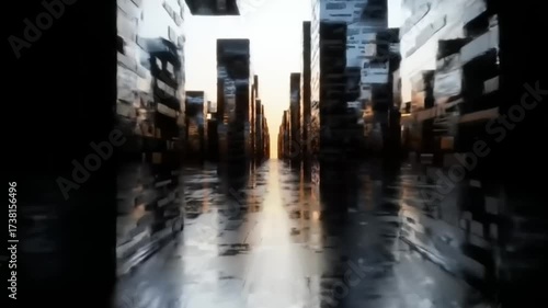 Abstract cityscape reflective surface with geometric structures