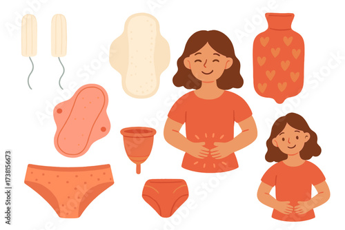 Set of cute hand-drawn menstrual hygiene products including tampons, sanitary and reusable pads, menstrual cup, warmer, panties, smiling female characters, feminine care and health concept