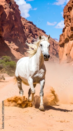 White horse running in desert canyon