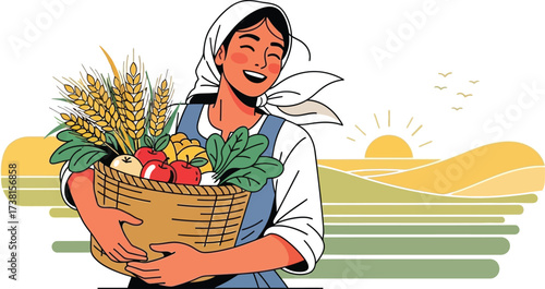 Happy farmer carrying bountiful harvest basket at sunrise for healthy organic food