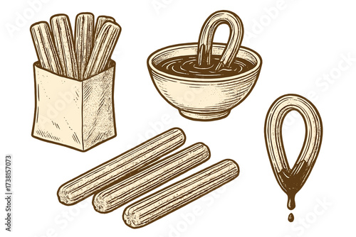 Hand drawn vintage vector illustration of assorted churros shapes with chocolate sauce. Mexican snack churros in paper bag, bowl with dipping hot chocolate. Detailed dessert sticks contour drawing.