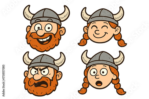 Cartoon viking faces set, collection of hand drawn nordic warrior heads, comic male and female characters, funny expressions, horned helmet, orange beard, red hair, vector illustration