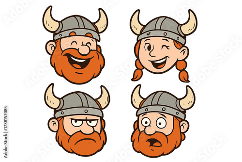 Viking cartoon faces collection. Funny viking man and woman expressions. Hand drawn Scandinavian warrior heads. Helmet, beard, braids. Vector stickers, icons, avatars, poster, print design.