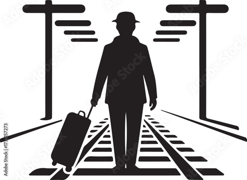Black Silhouette of a Man with Suitcase on Train Tracks with Telegraph Poles on White Background luggage