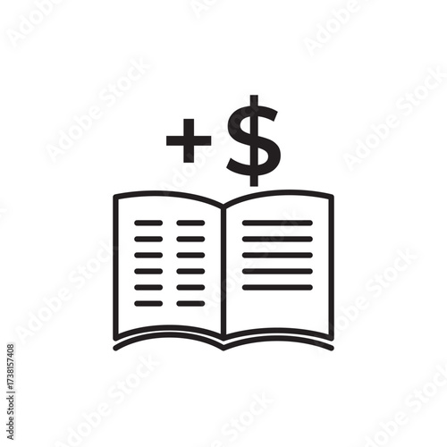 Editable stroke line icon of an open book with a plus and dollar sign, symbolizing financial growth, accounting gains, or budget increase. Ideal for apps, websites, and infographics on finance.
