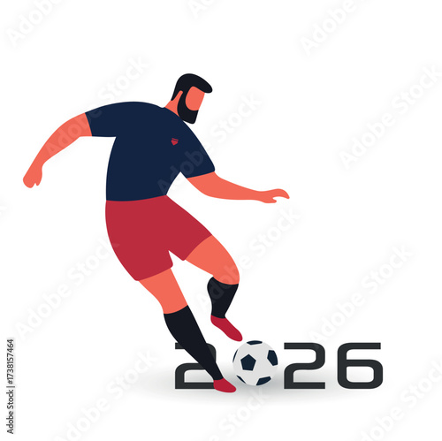 Minimalist flat vector illustration of a soccer player in action with a football and the year 2026. Modern sports design concept suitable for football championship promotion, tournament advertising