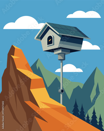 A rugged weatherproof solarpowered security camera attached to a rocky mountainside protecting a remote cabin from unwanted visitors.. Vector illustration